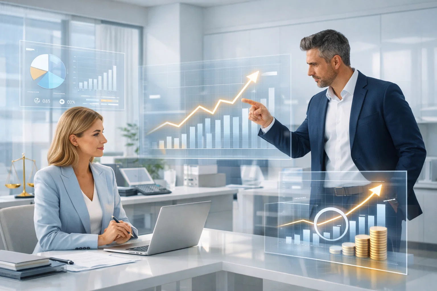 Accounting SEO growth strategy with accountants analyzing financial performance charts.